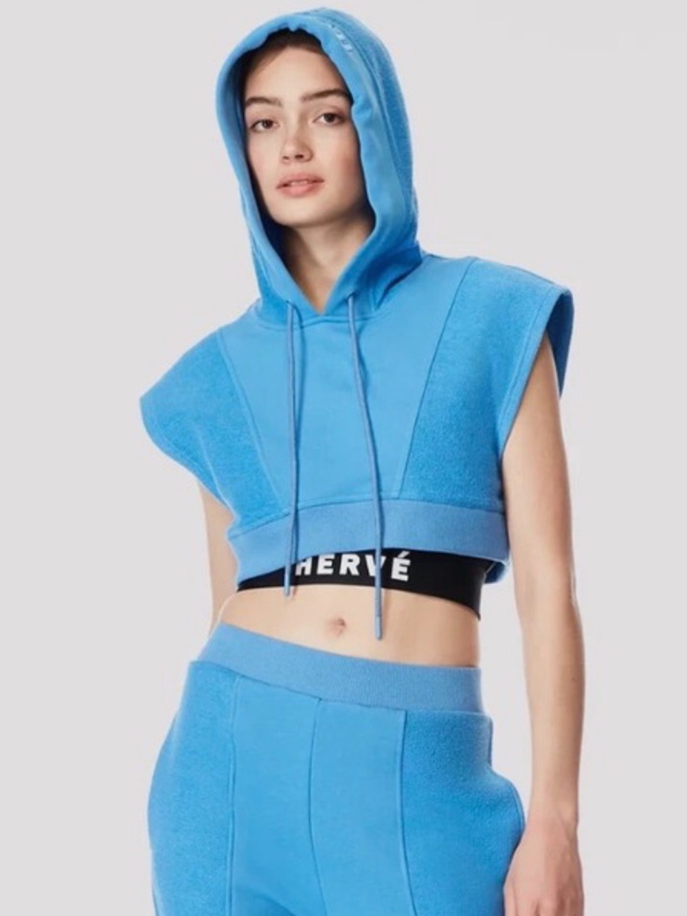 Herve Leger CROPPED PANELED HOODED SWEATSHIRT size S Blue Streetwear Spellout
